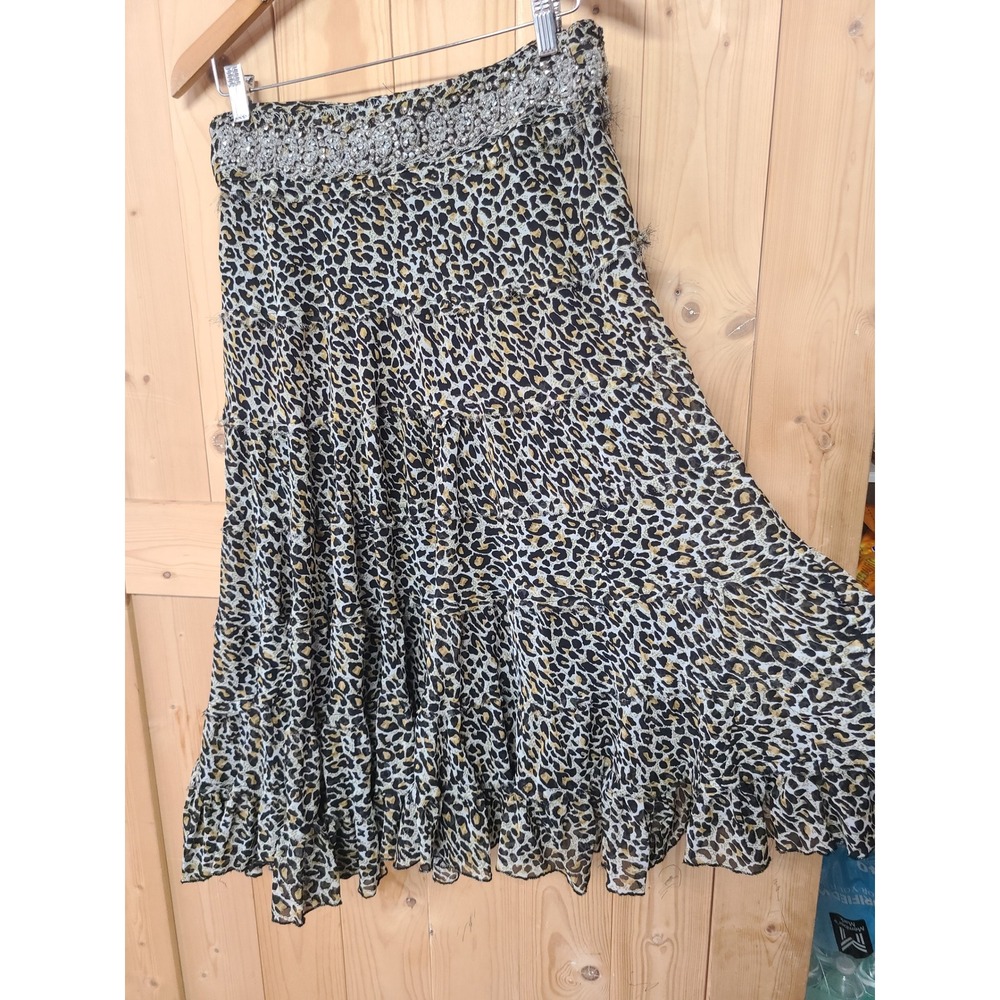Dimri Leopard Print Midi Skirt Women L Brown Good Beaded Tiered Ruffle Y2K Glam - Picture 2 of 8